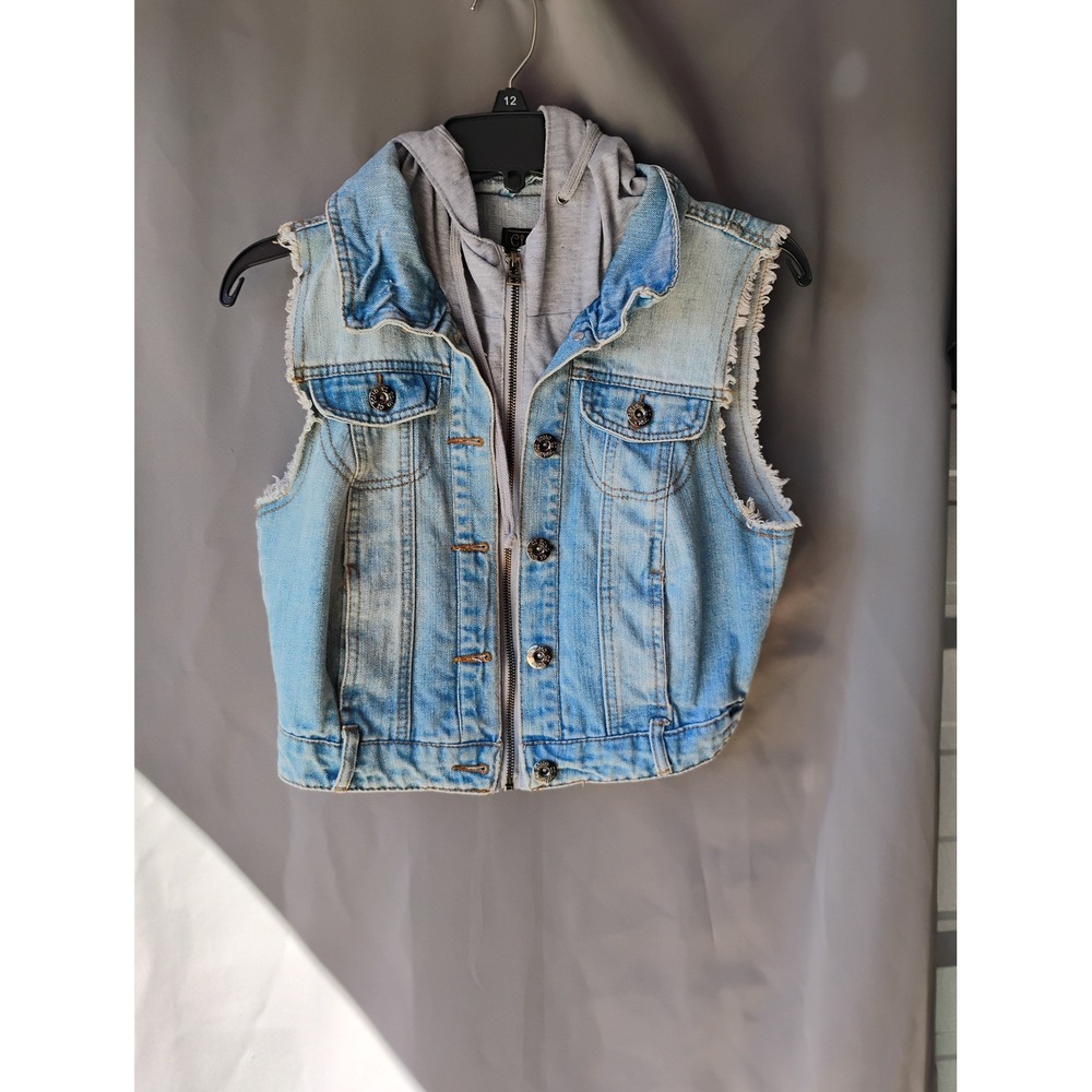 Ci Sono Denim Collection Cropped Vest Light Wash Hooded Distressed Frayed Large